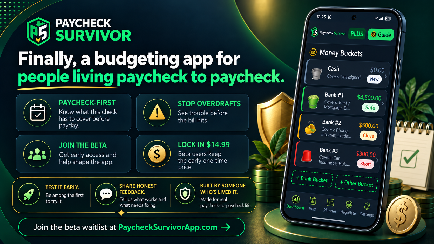 Paycheck Survivor beta testers needed. A phone shows the app's Money Buckets dashboard.